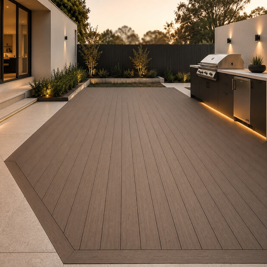 A large outdoor patio deck made of brown composite wood