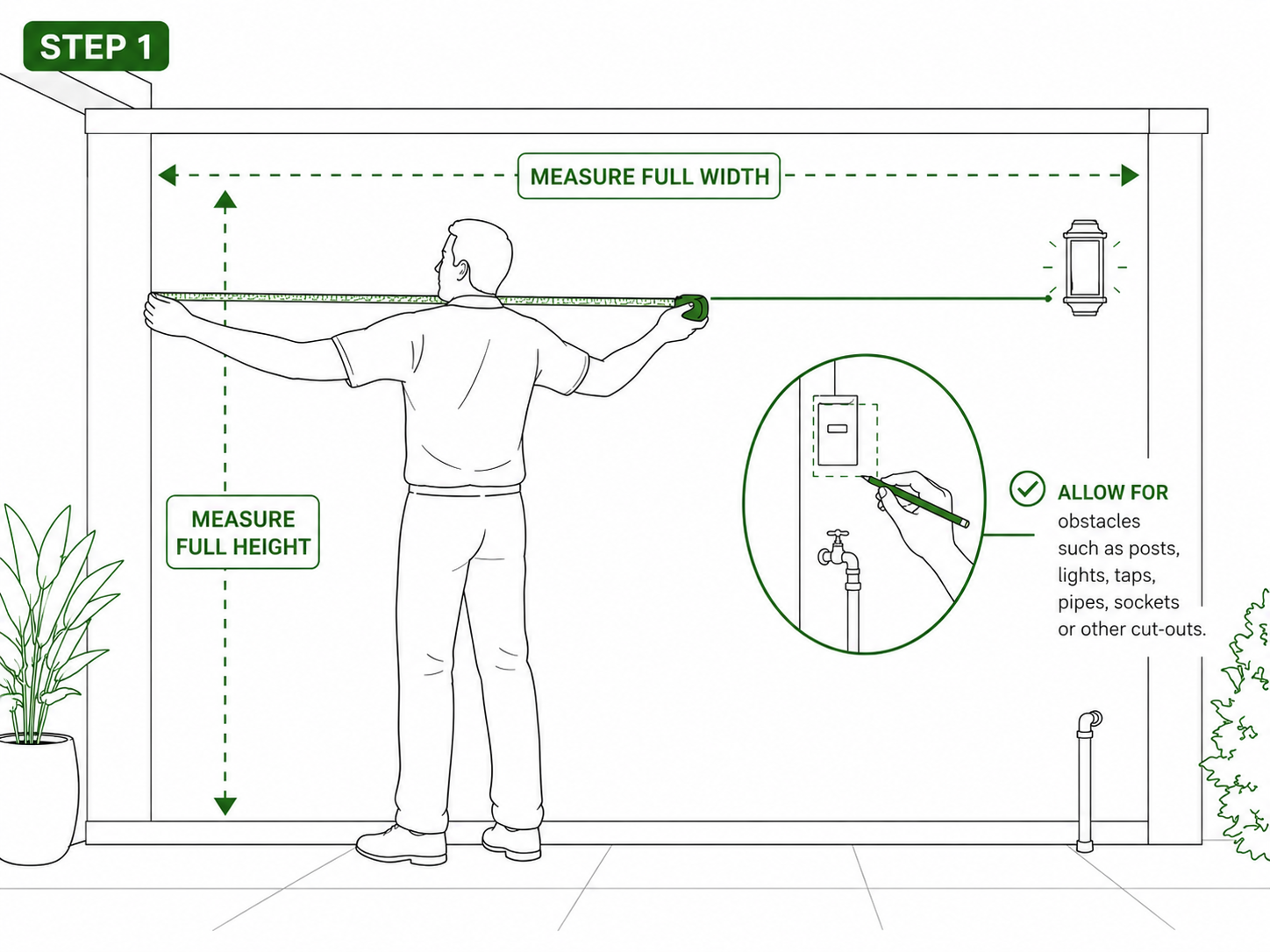 Step 1 measuring the width and height of an artificial garden wall installation area