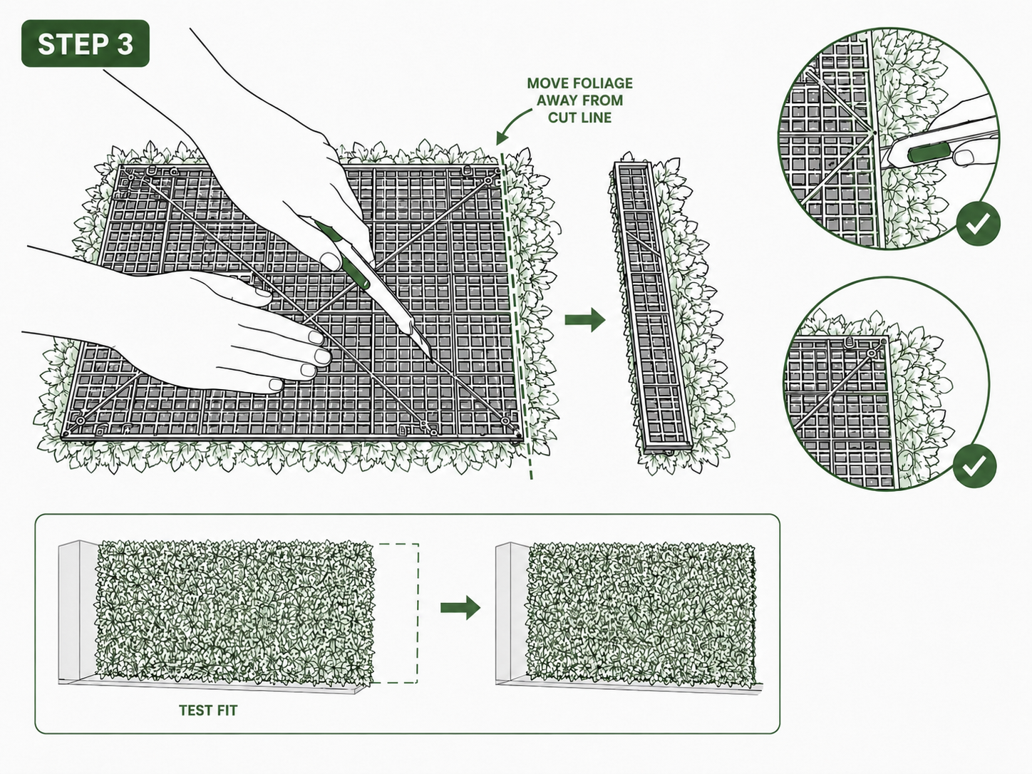 Step 3 cutting the plastic backing grid of an artificial garden wall panel