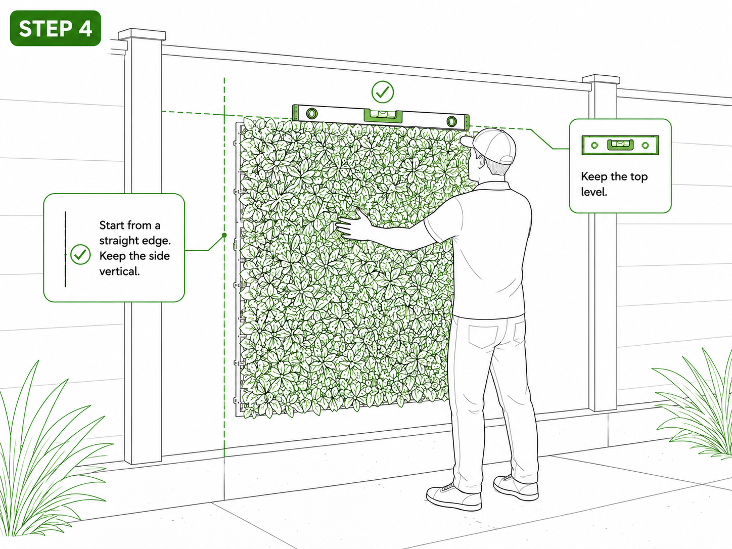 Step 4 positioning and levelling the first artificial garden wall panel