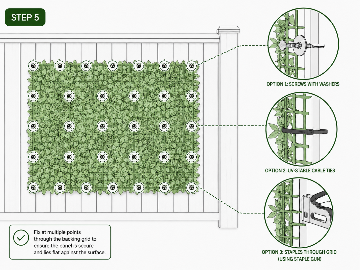 Step 5 fixing an artificial garden wall panel using screws cable ties or staples