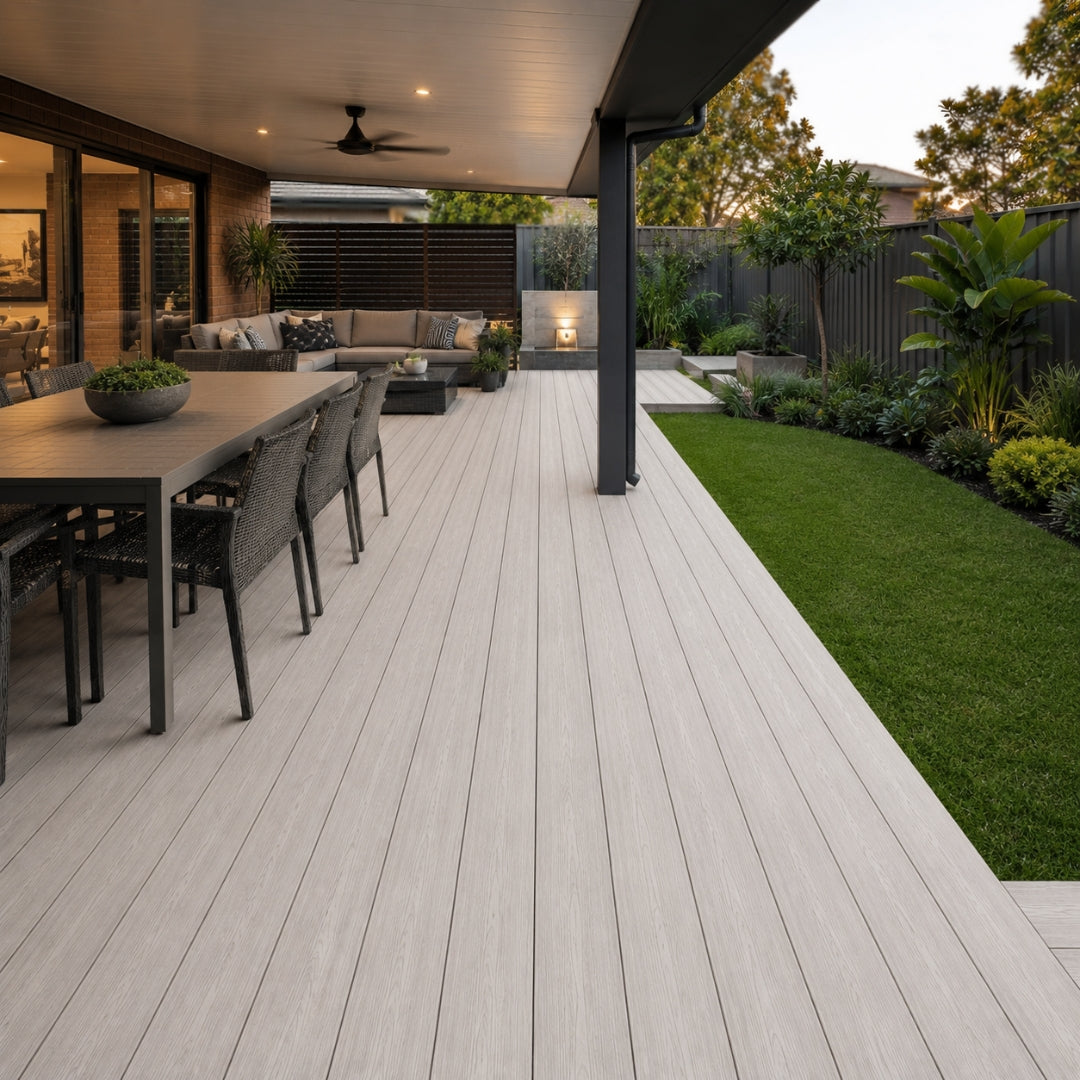 oak luxe composite fake decking patio area