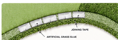 Multiple short pieces of artificial grass joining tape touching edge to edge around a curved putting green join